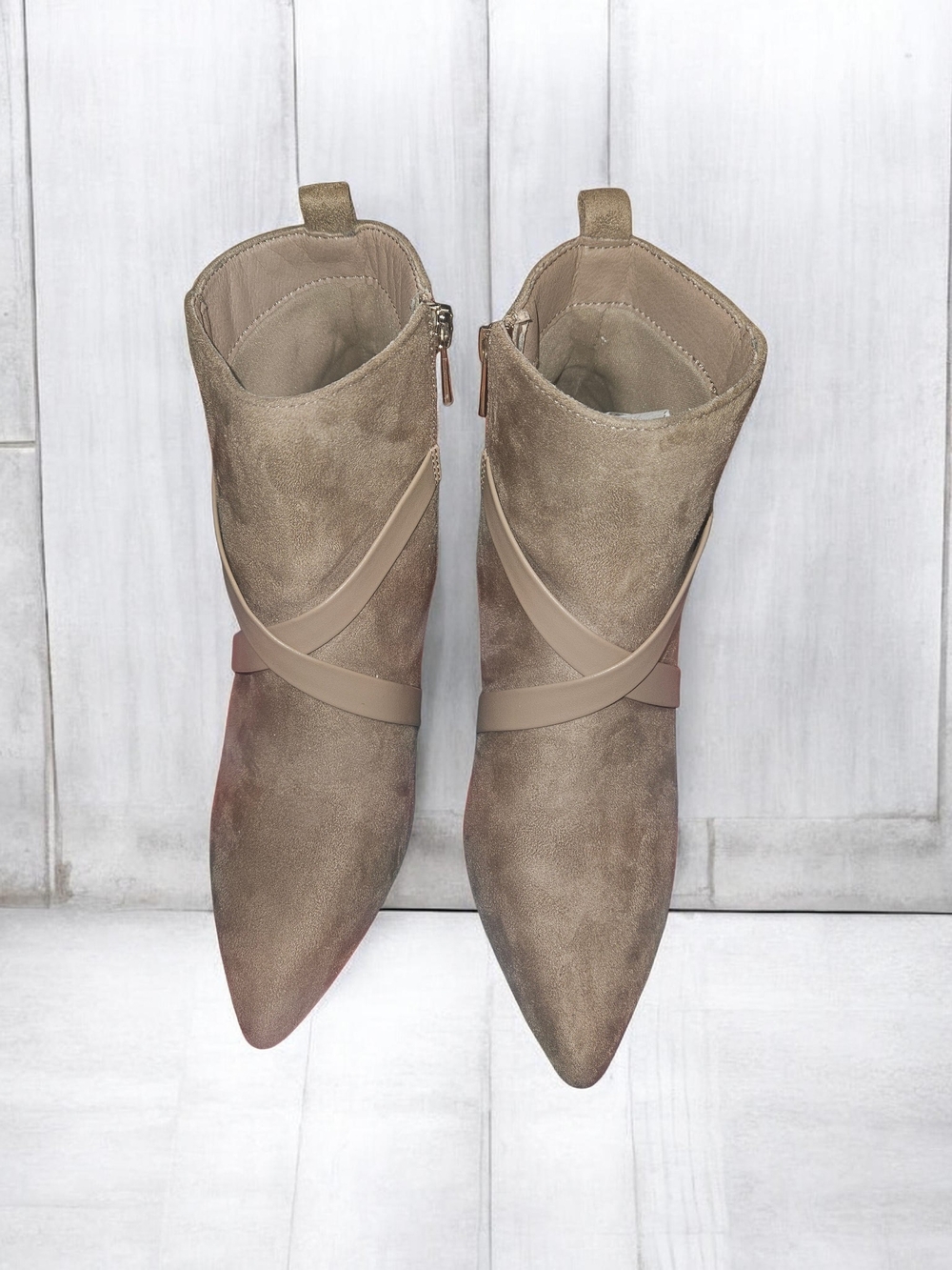 Taupe Pointed-Toe Ankle Boots with Wrap Strap